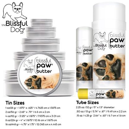 Blissful Dog paw butter packaging with tin and tube sizes displayed.