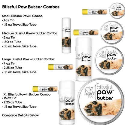 Blissful Paw Butter product lineup with various packaging sizes and a list of combinations.