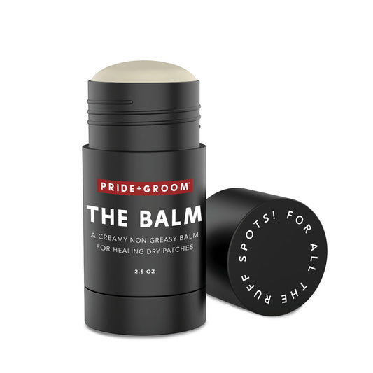 Black balm stick with 'Pride & Groom' branding on a white background