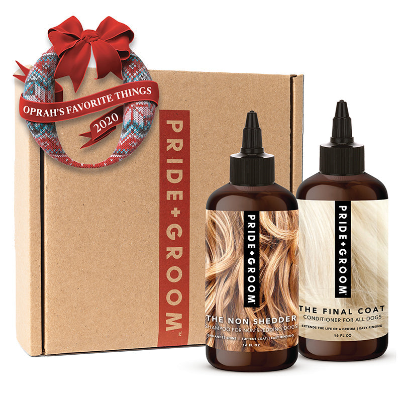 Pride & Groom pet care products with a cardboard box labeled 'Oprah's Favorite Things 2020'.