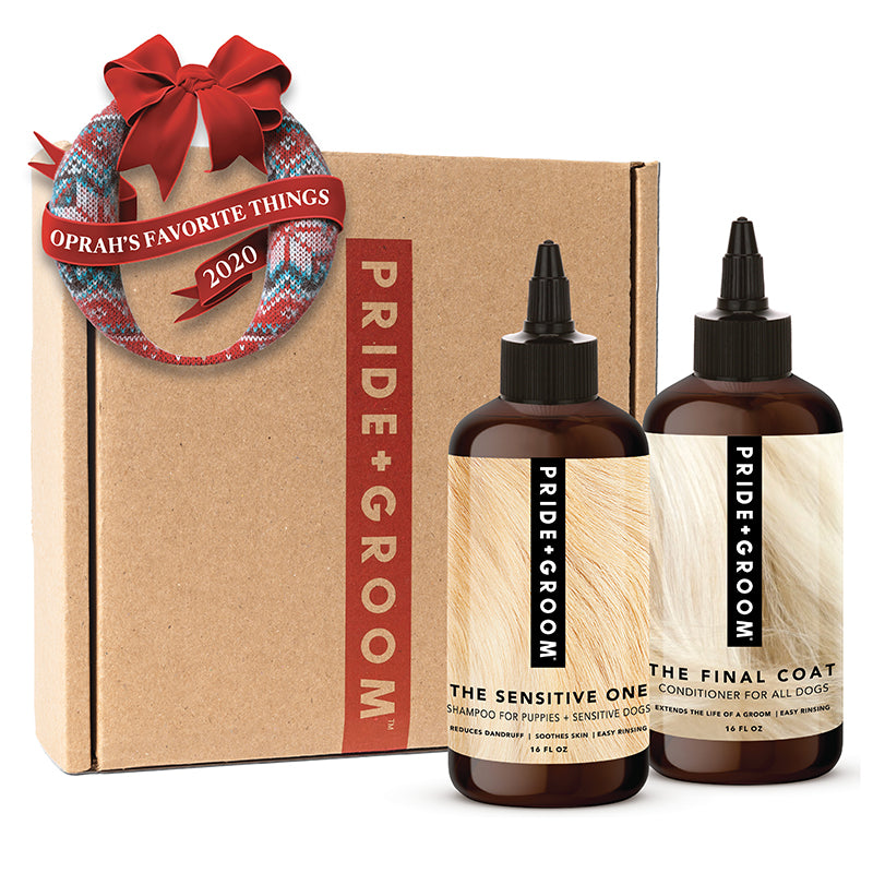 Pride & Groom dog care products with a cardboard box labeled 'Oprah's Favorite Things 2020'.