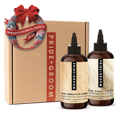 Pride & Groom dog care products with a cardboard box labeled 'Oprah's Favorite Things 2020'.