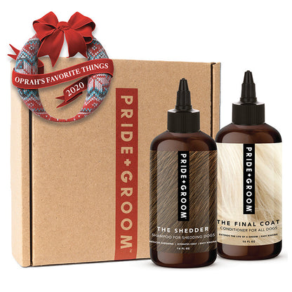 Pride & Groom pet care product set with a decorative box labeled 'Oprah's Favorite Things 2020'.