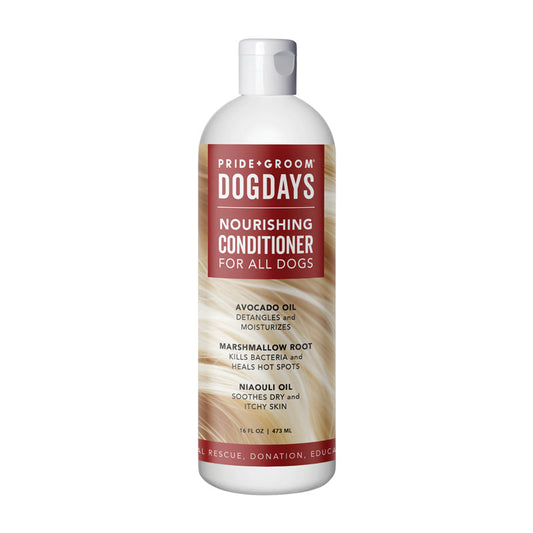 Bottle of Pride & Groom Dog Days Nourishing Conditioner for all dogs on a white background