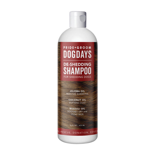 DogDays de-shedding shampoo bottle with Pride Groom branding on a white background