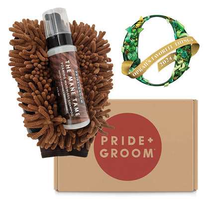 Pride & Groom grooming product with a wreath and gift box on a white background