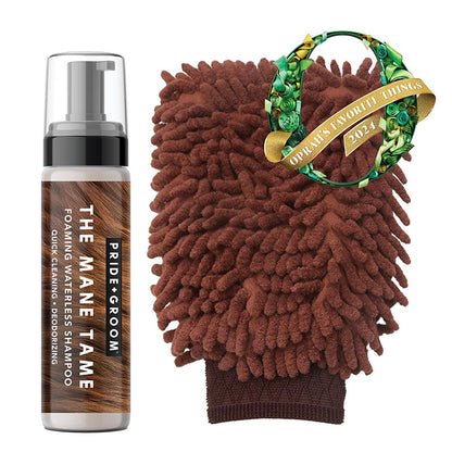Pride Groom shampoo bottle and brown grooming mitt with wreath on a white background