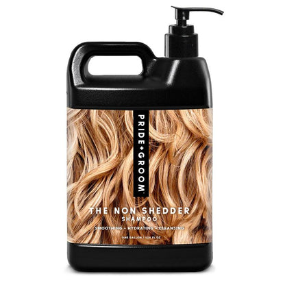 Black bottle of 'The Non Shedder Shampoo' by Pride & Groom with hair texture design on a white background