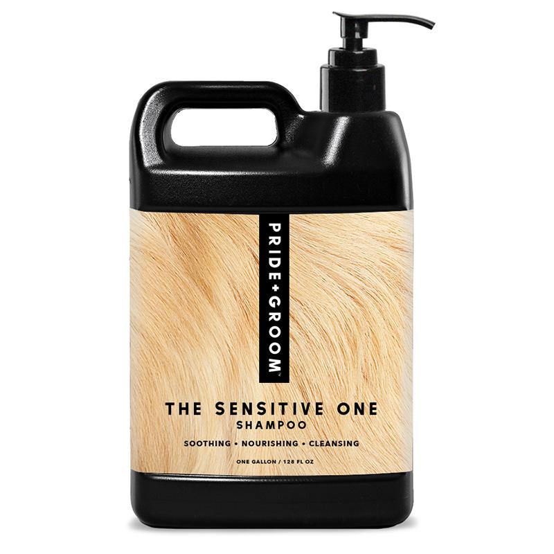 Large bottle of 'The Sensitive One' shampoo by Pride & Groom on a white background
