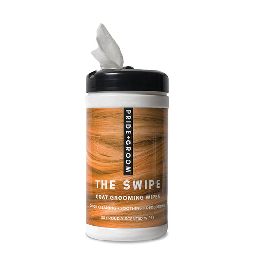 Container of Pride & Groom The Swipe coat grooming wipes on a white background