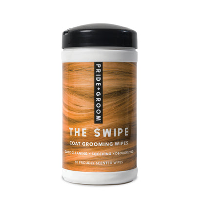 Container of Pride & Groom The Swipe coat grooming wipes on a white background