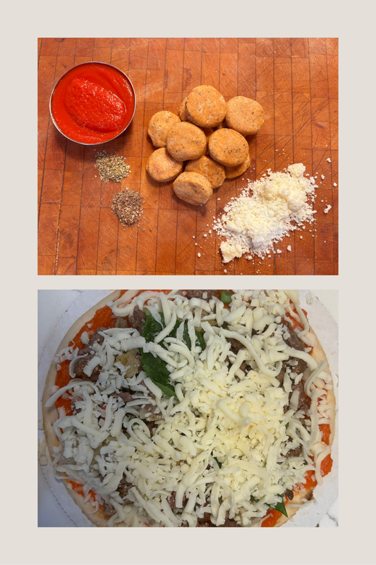 Top image: ingredients for pizza on a wooden board. Bottom image: Uncooked pizza with cheese on a white surface.