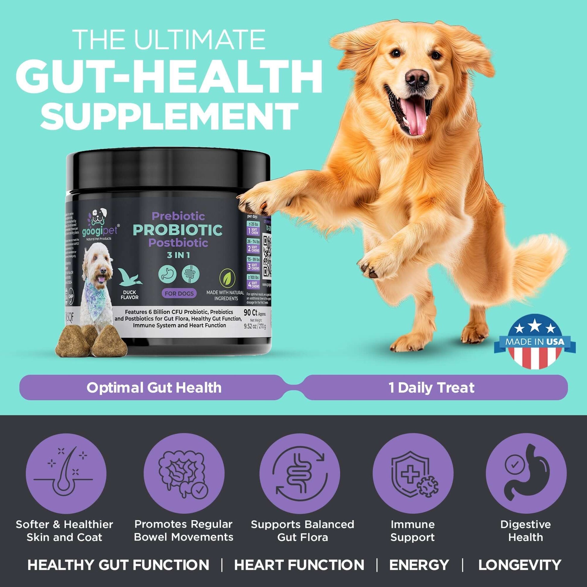 Dog supplement product with a happy dog on a teal background