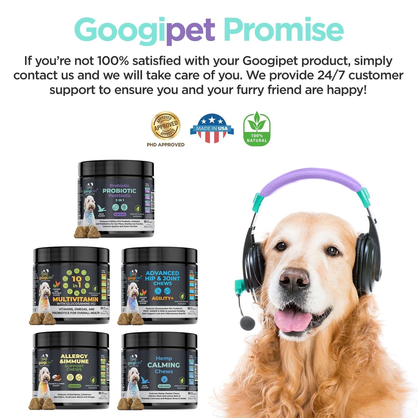 Dog wearing headphones with Googipet pet care products and promotional text on a white background
