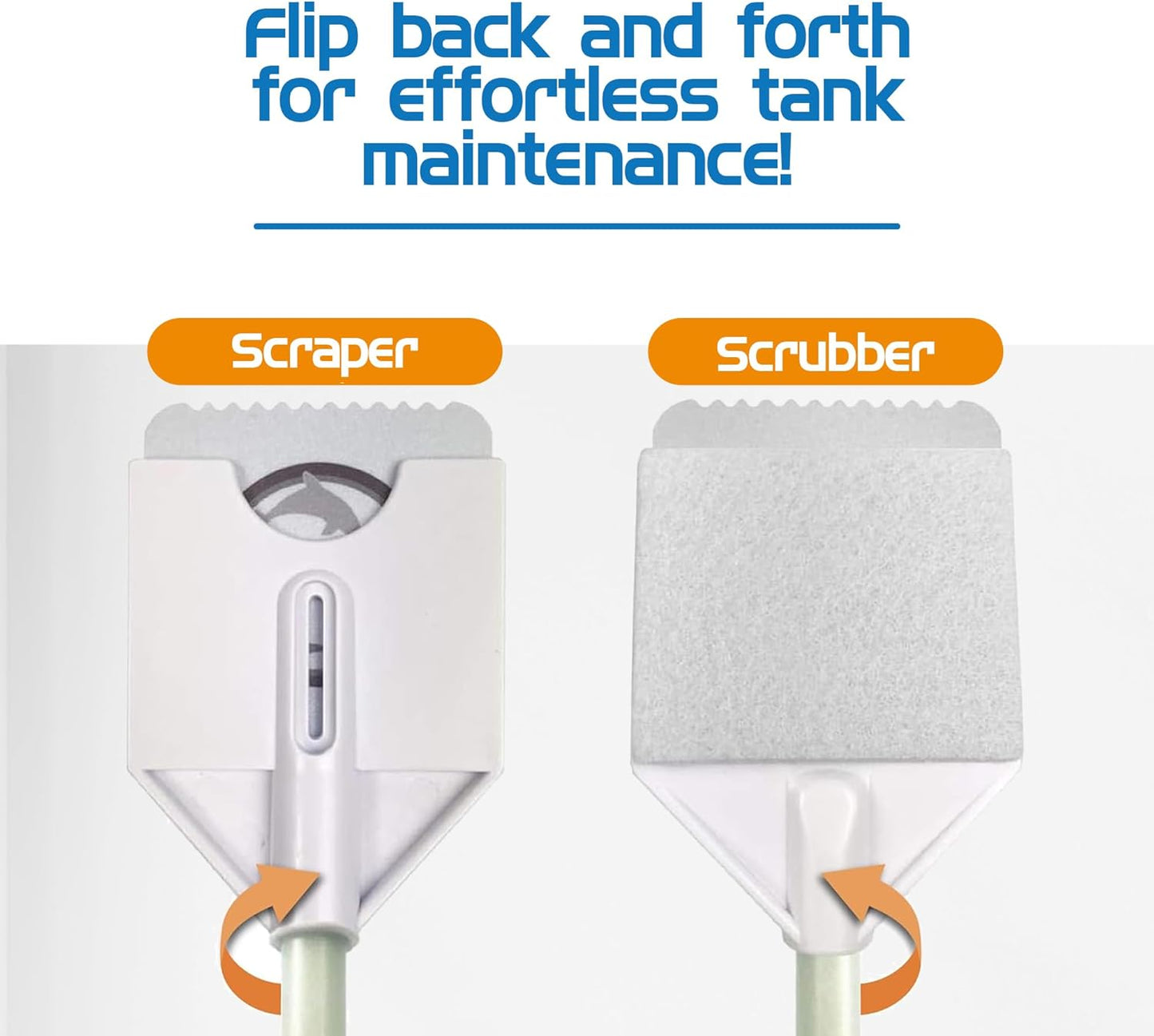 Two cleaning tools labeled 'Scraper' and 'Scrubber' with text about tank maintenance on a white background.