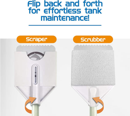 Two cleaning tools labeled 'Scraper' and 'Scrubber' with text about tank maintenance on a white background.