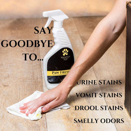Spray bottle labeled 'Washatch Pup Paw Fresh' on a wooden floor with text about stain removal.
