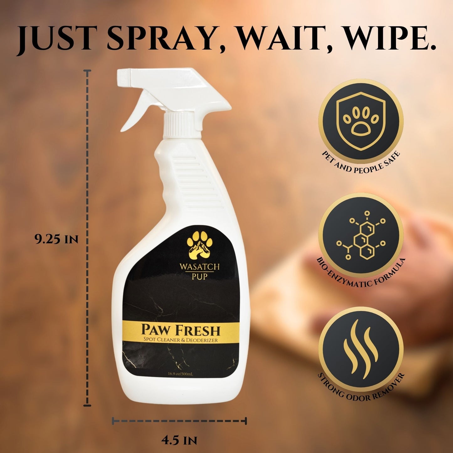 Paw Fresh spray bottle with features and benefits on a brown background