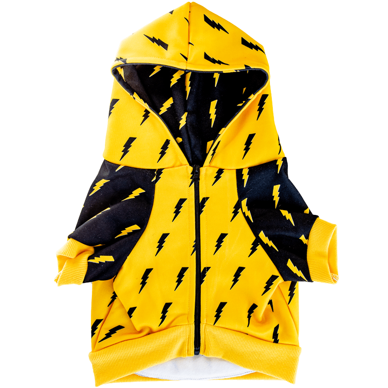 Yellow hoodie with black lightning bolt patterns on a white background