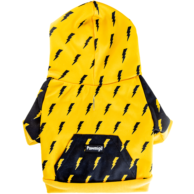 Yellow dog coat with black lightning bolt pattern on a white background