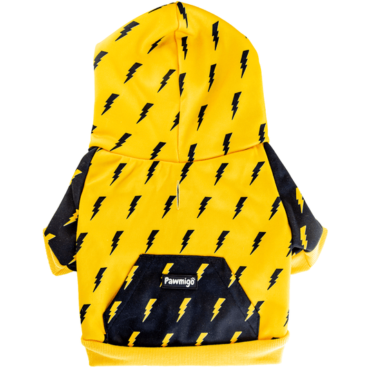 Yellow dog coat with black lightning bolt pattern on a white background