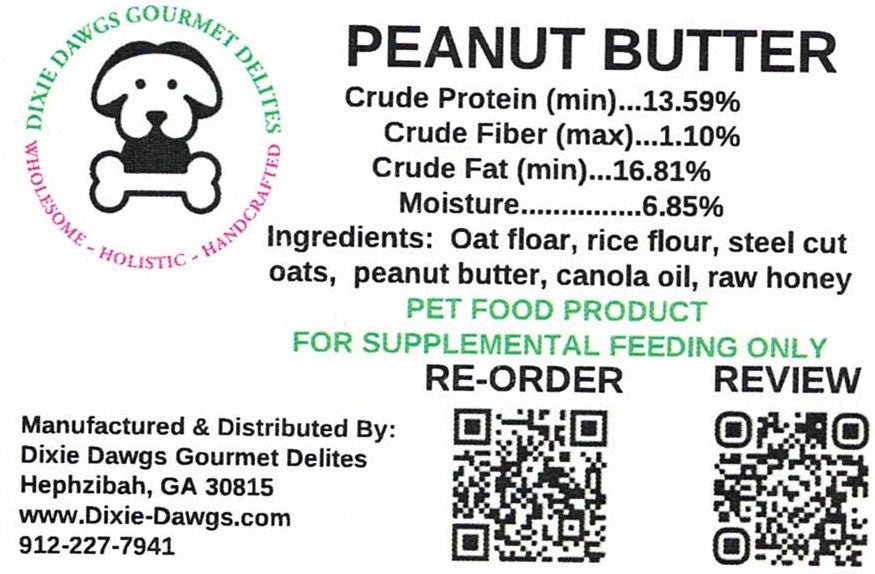 Dog food label for peanut butter product with nutritional information and contact details.