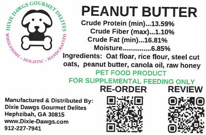 Dog food label for peanut butter product with nutritional information and contact details.