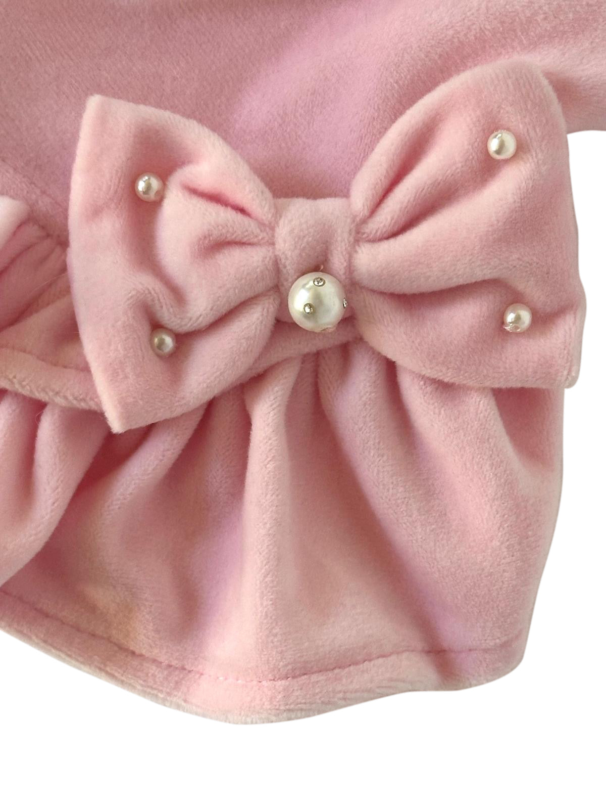 Velour Dress with Pink Bow  and Pearls
