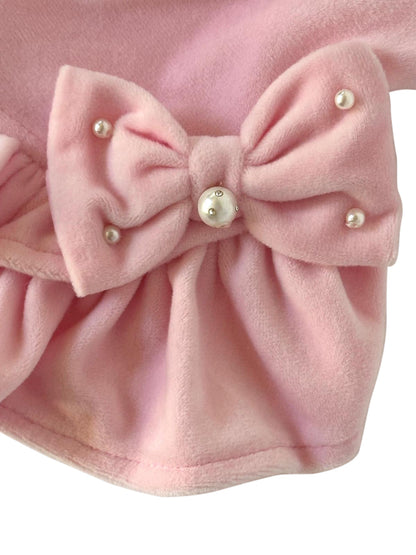 Velour Dress with Pink Bow  and Pearls