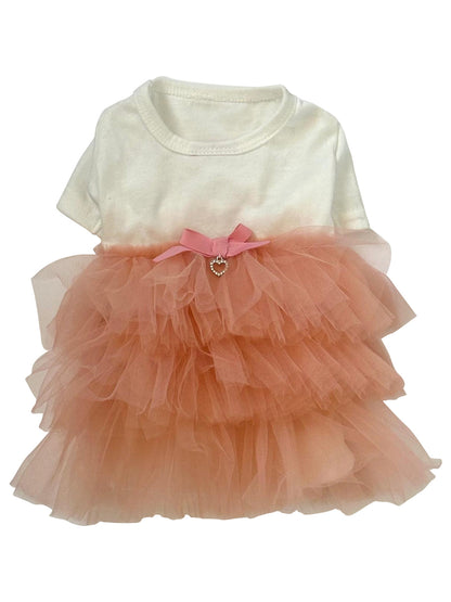 White shirt with peach tulle skirt and pink bow on a white background