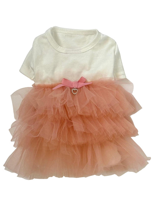 White shirt with peach tulle skirt and pink bow on a white background