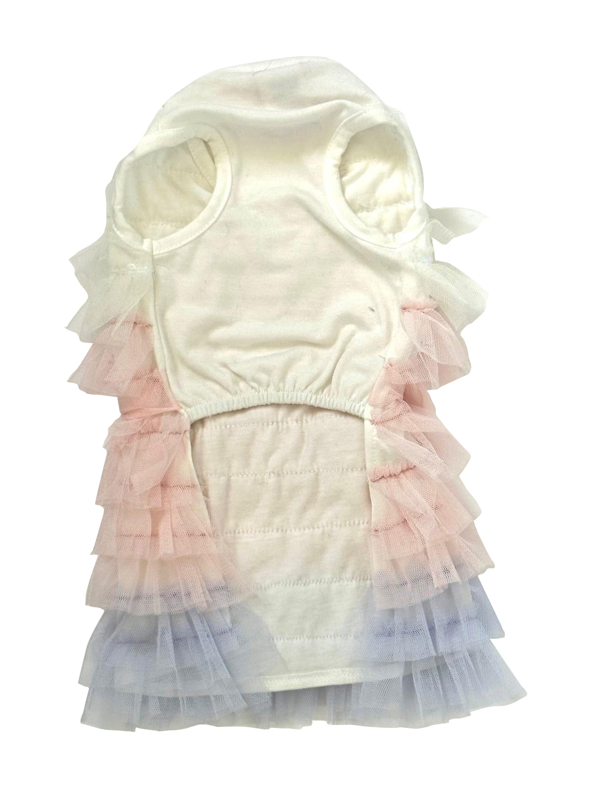 Children's outfit with a white top and ruffled layers in pink and blue on a white background