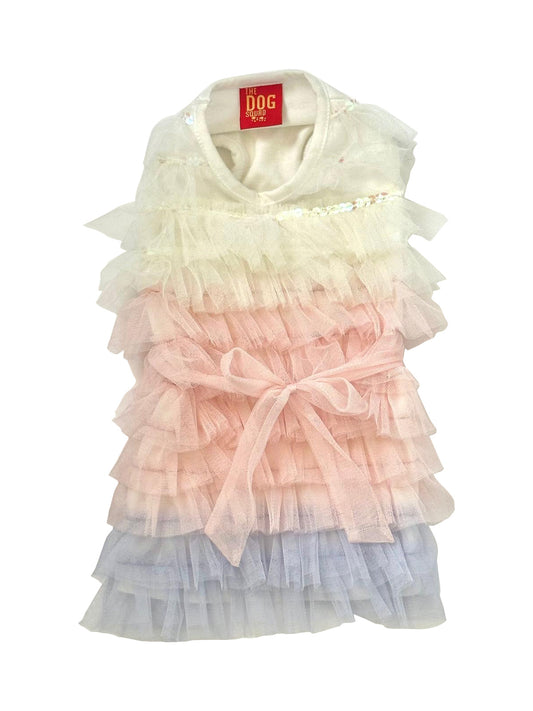 Multicolored ruffled dress on a white background