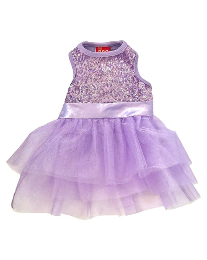 Lavender dress with sequin top and layered tulle skirt on a white background