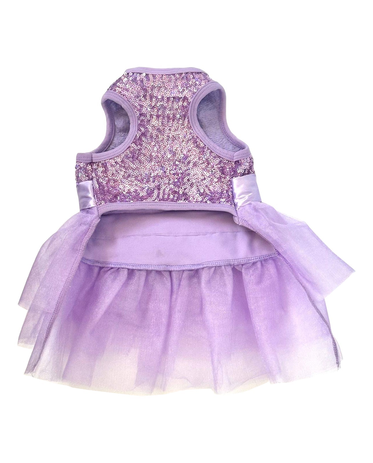 Lavender pet dress with sequin top and tulle skirt on a white background