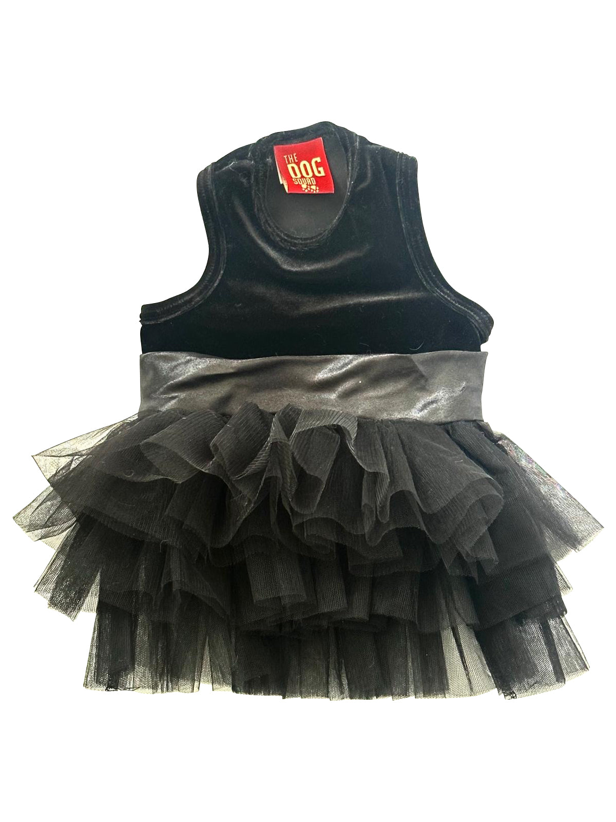 Black pet dress with a layered tulle skirt on a white background