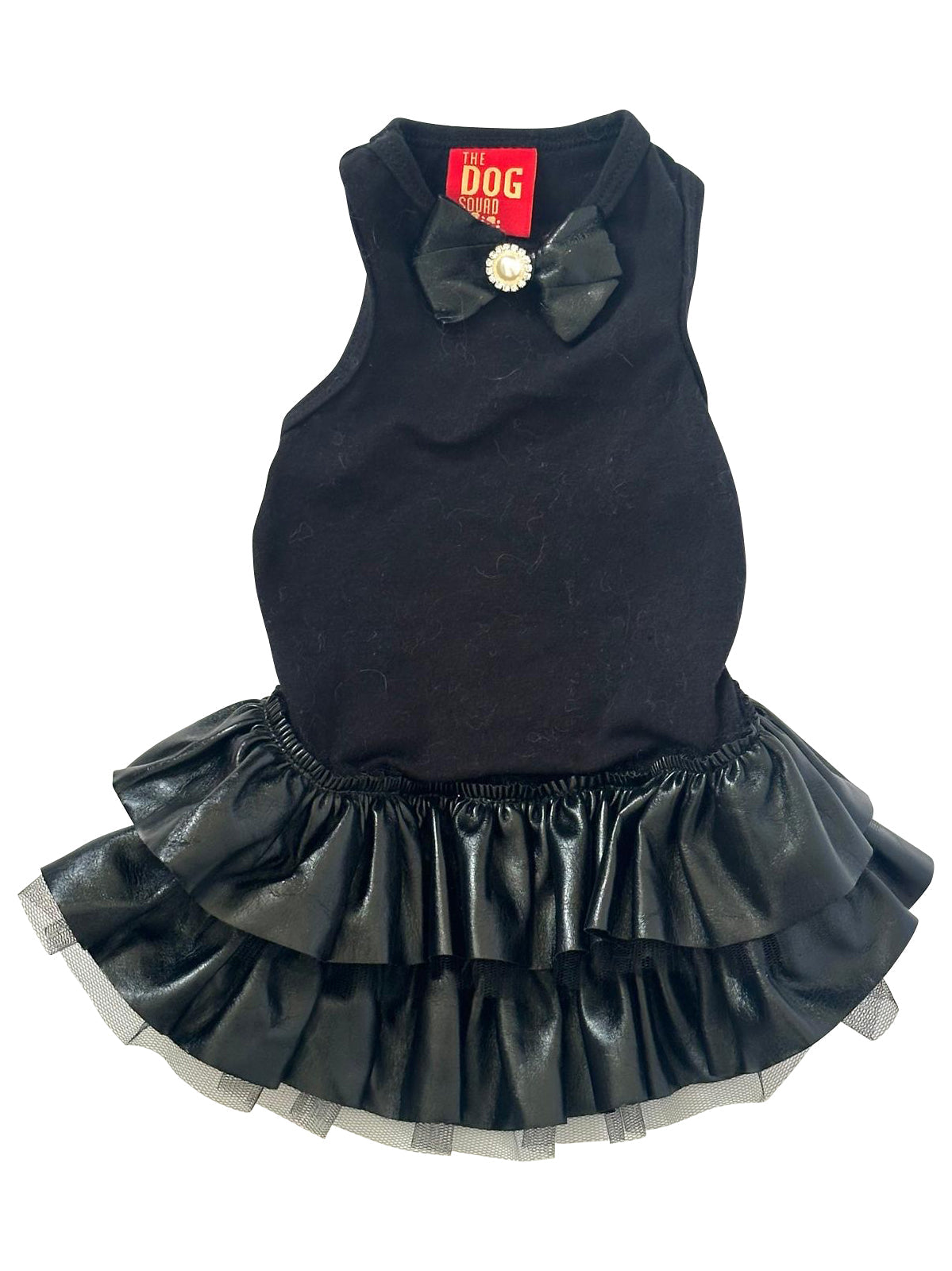 Black dress with a pet collar and tag on a white background