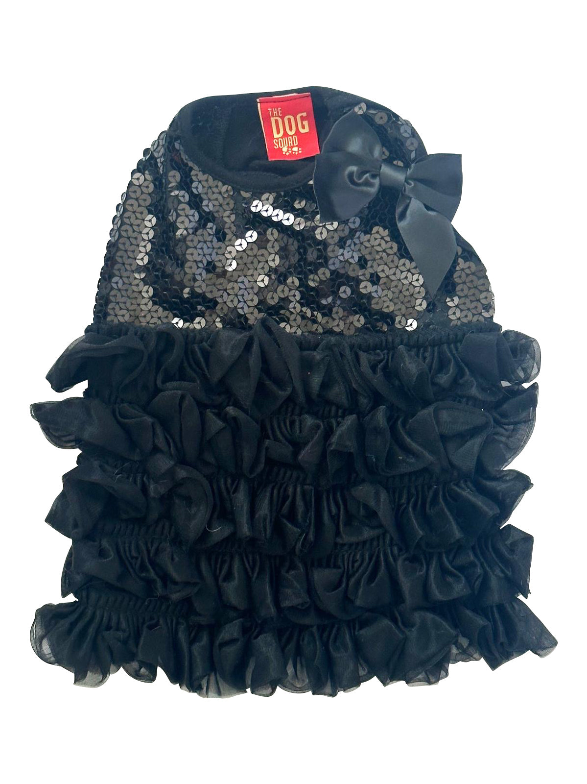 Black sequin dog dress with ruffles on a white background