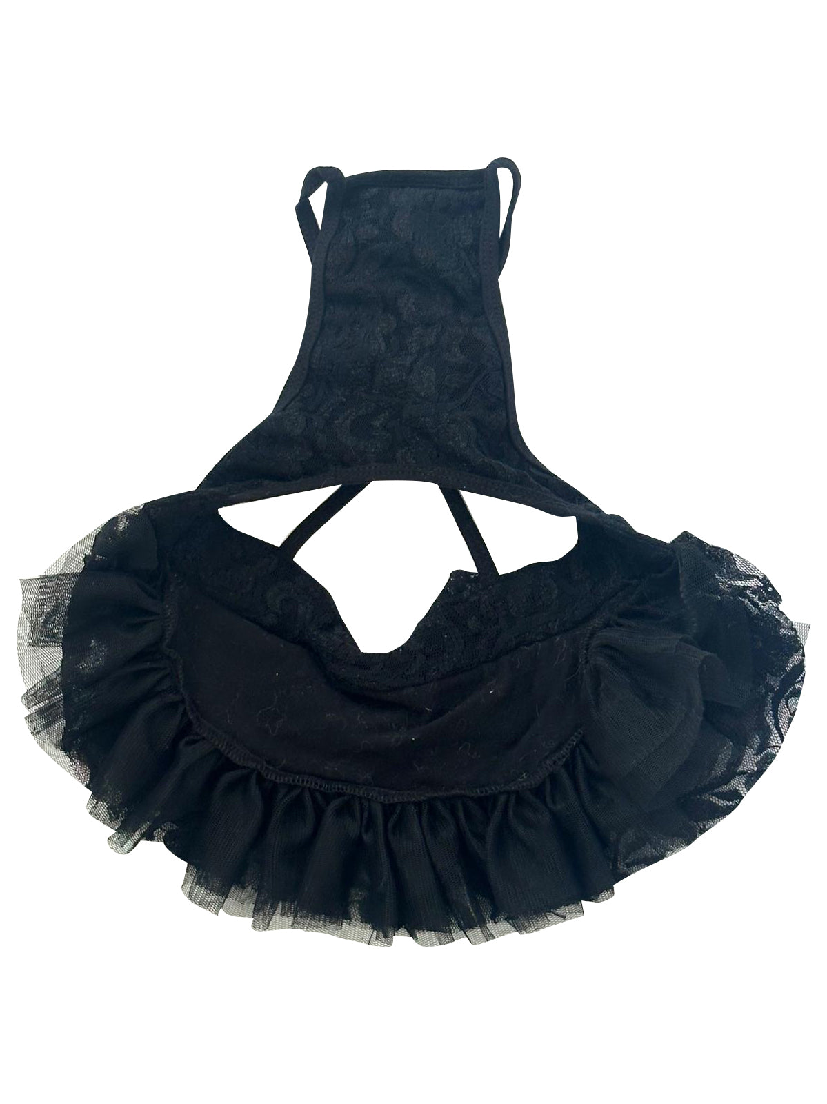 Black lace halter top with ruffled bottom on a white background