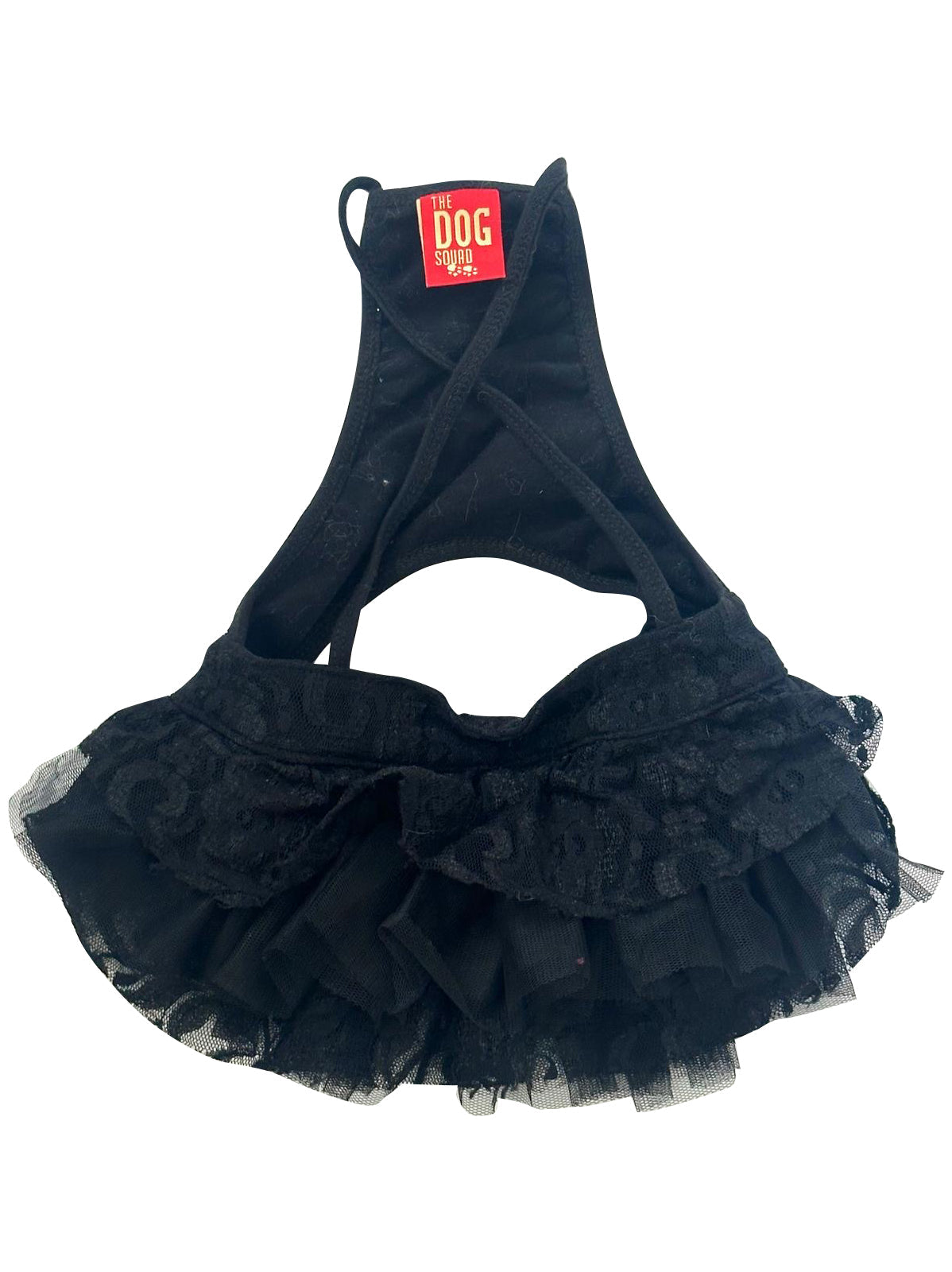 Black pet dress with ruffles on a white background