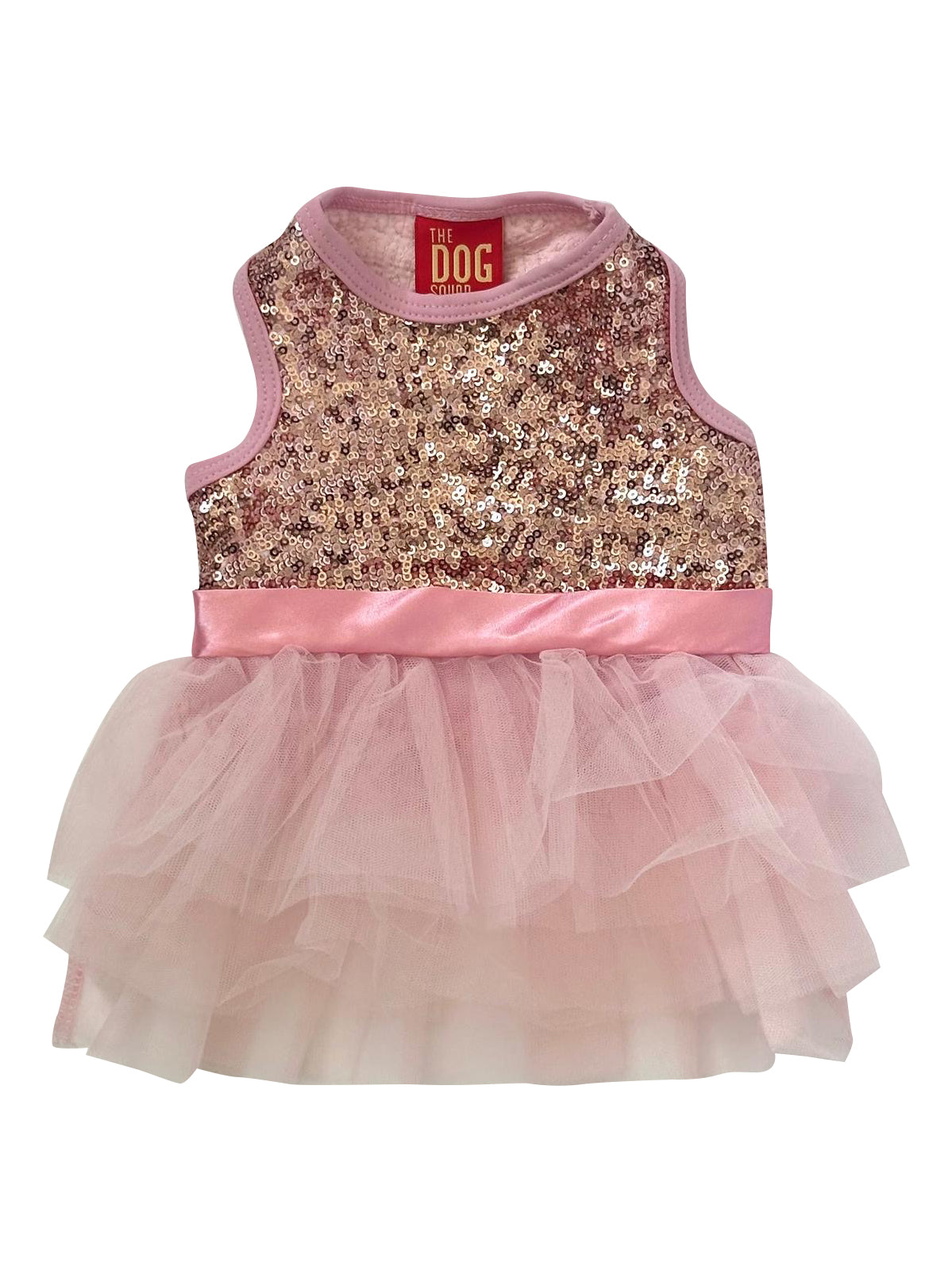 Dog dress with sequin top and pink skirt on a white background