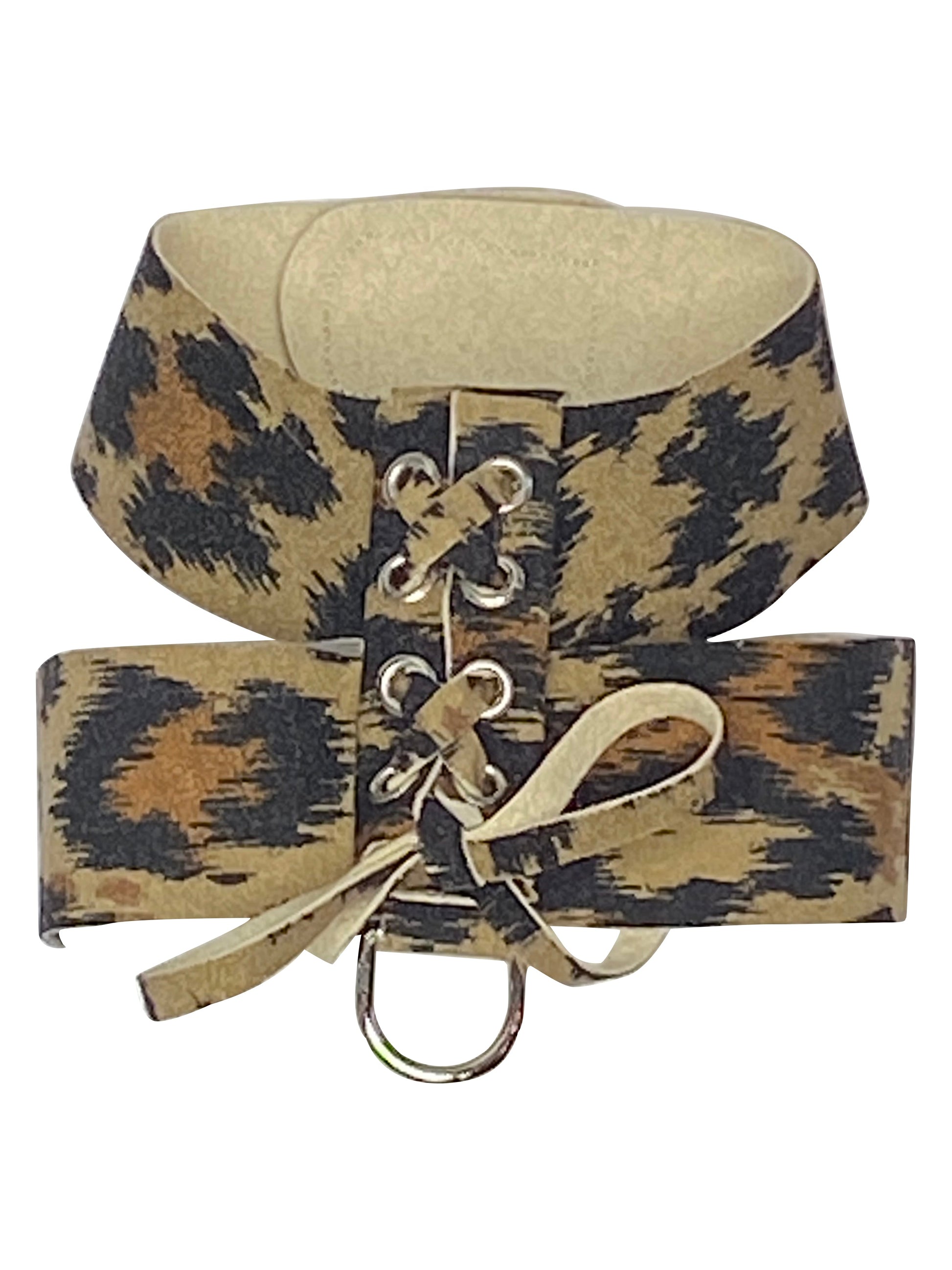 Leopard print collar with laces on a white background