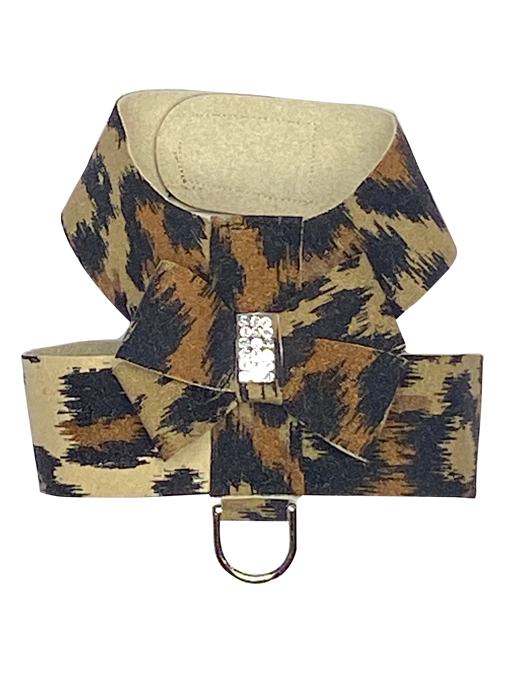 Leopard print dog harness with a buckle on a white background