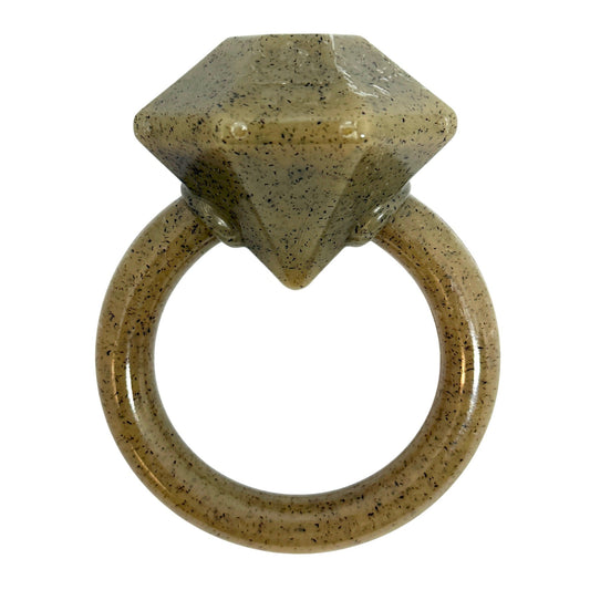 Brown stone ring with a geometric design on a white background