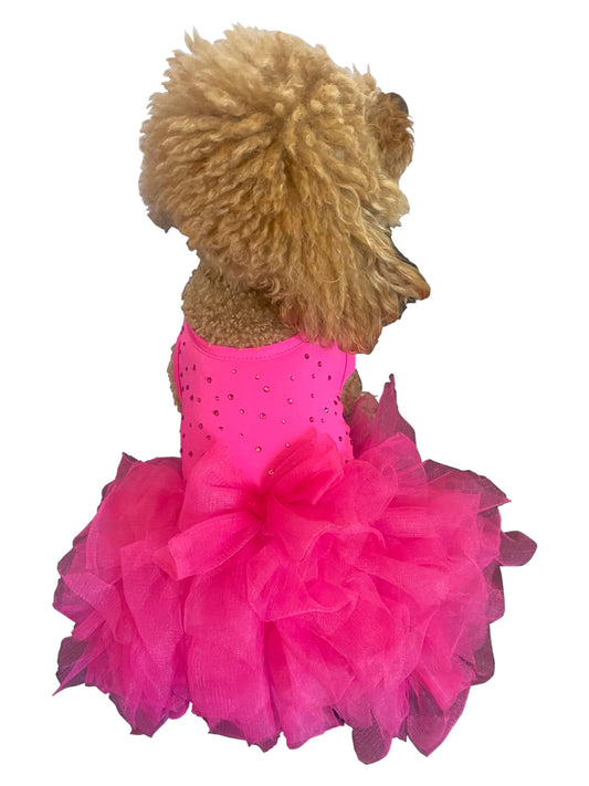 Dog wearing a bright pink dress with a fluffy texture on a white background