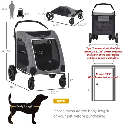 Measurement chart of a pet stroller with dimensions and specifications.