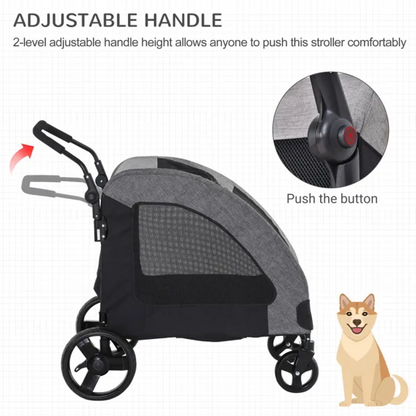 Pet stroller with adjustable handle feature, showing a button to push for height adjustment.