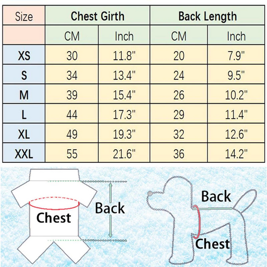 Dog coat size chart with measurements for chest girth and back length.