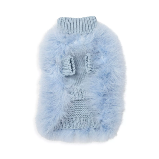 Blue fluffy dog sweater on a white background