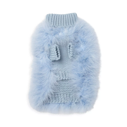 Blue fluffy dog sweater on a white background